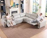 AMERLIFE Power Recliner Sofa, 129 Inch Oversized Reclining Sofa with Console & Speaker, 5 Seats L Shaped Sectional Couch for Living Room, Light Grey Leather AMERLIFE