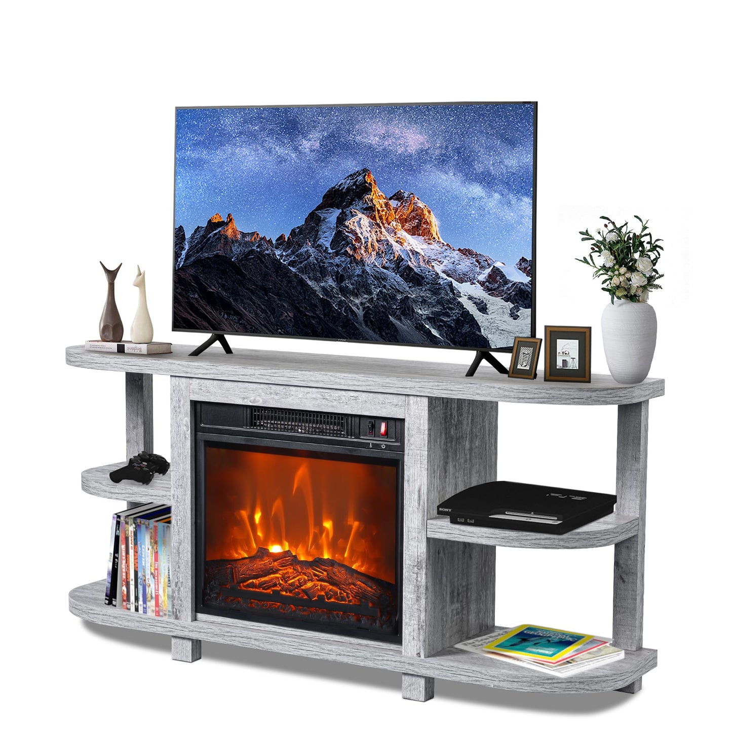 COMEFFIE 48" TV Stand with 18" Electric Fireplace Heater, Modern TV Stand for TVs up to 55 Inch, Entertainment Media Stand with Open Shelves and Storage Cabinets for Living Room, Bedroom (Grey)