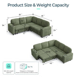 LINSY HOME Sectional Sleeper Sofa with Pull Out Couch Bed - Convertible Plush Corduroy Cloud Couch with Storage Chaise & USB Charging, Comfy L Shaped Modular Couches for Living Room Apartment, Green LINSY HOME