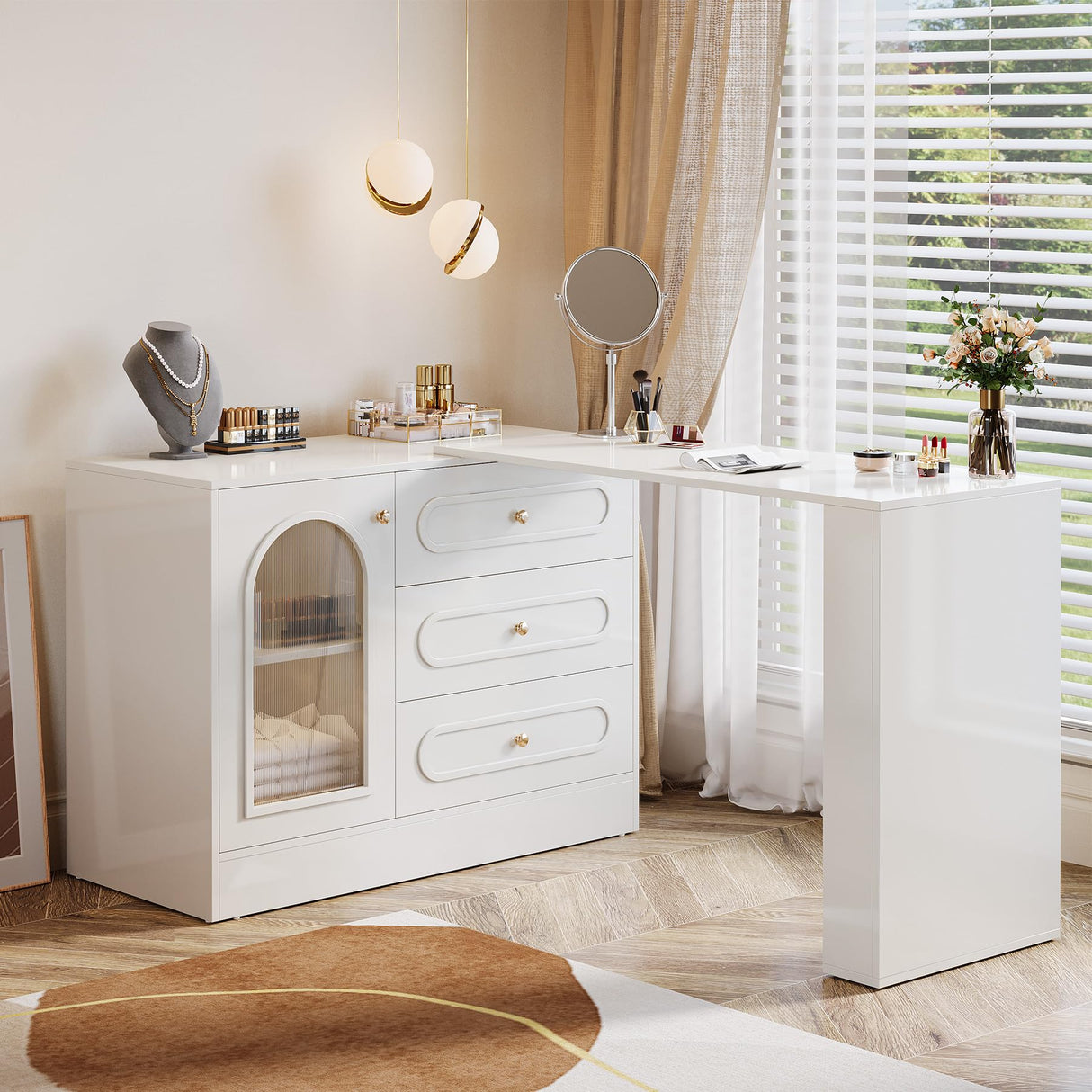 Tribesigns Extendable Vanity Desk and Dresser Combo, 78" L Shaped Vanity Table with Cabinet & 3 Drawers, Wood Dressing Table with 3 Side Shelves for Women & Girls Bedroom (Without Mirror) Tribesigns