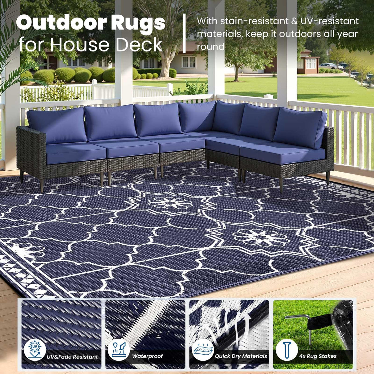 8x10Ft Outdoor Rug, Solar Powered Outdoor Rug with 113LEDs Strip Lights, Waterproof Plastic Reversible Outdoor Straw Rugs, Rugs Mat for House Deck RV Camping Patio Beach Balcony Picnic (Blue White) Capybland