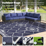 8x10Ft Outdoor Rug, Solar Powered Outdoor Rug with 113LEDs Strip Lights, Waterproof Plastic Reversible Outdoor Straw Rugs, Rugs Mat for House Deck RV Camping Patio Beach Balcony Picnic (Blue White) Capybland