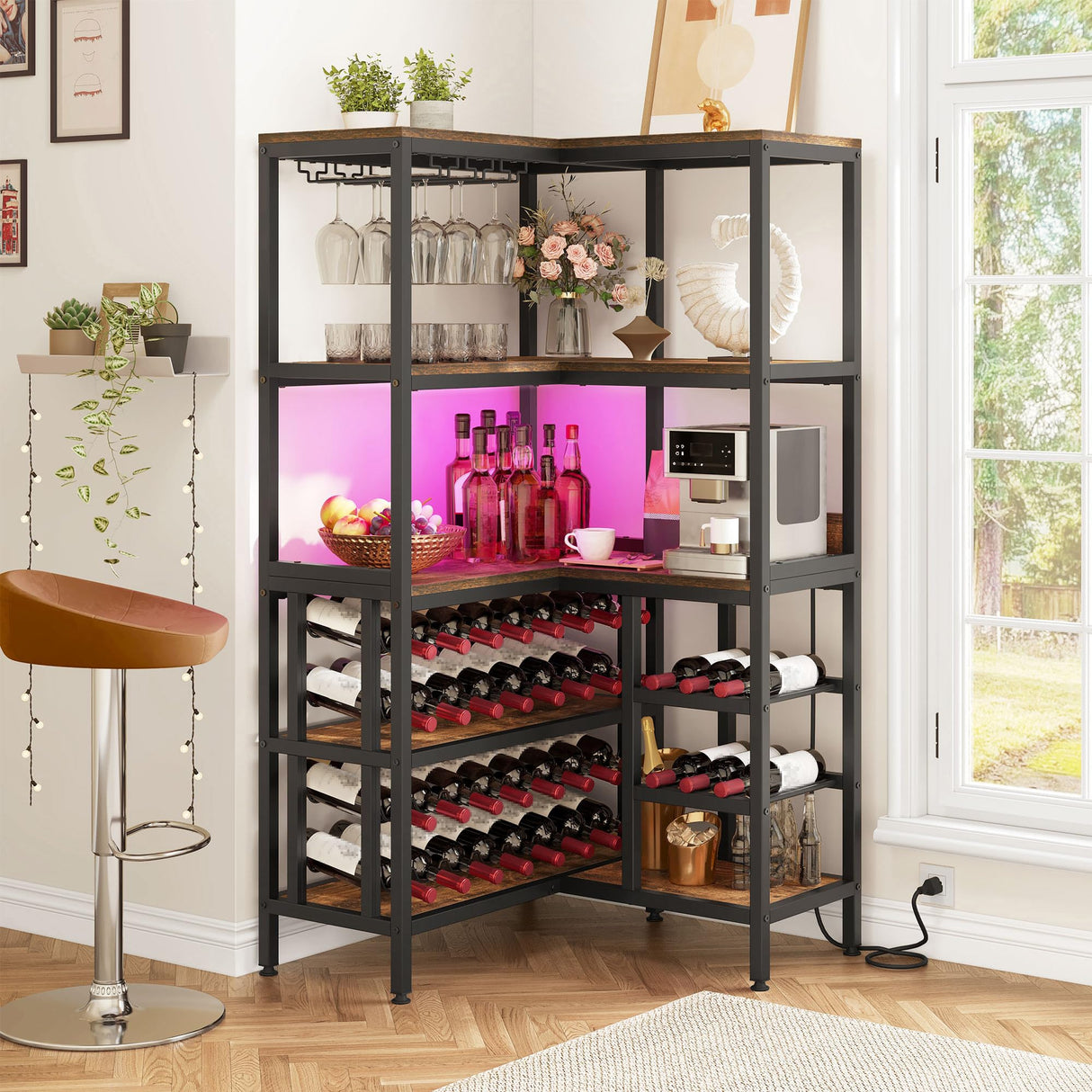 YITAHOME Large Corner Wine Rack, 63'' Corner Bar Cabinet with Power Outlet and LED Light, 5-Tier L Shaped Industrial Liquor Cabinets w/Glass Holder, Open Display Cabinet for Home, Brown YITAHOME