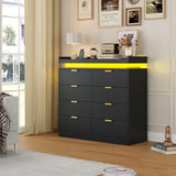knoworld 8 Drawer Dresser for Bedroom, Black Dresser with LED Lights and Power Outlet, Large Wooden Dressers Modern Chest of Drawers, Double Wide 9 Drawer Dressers for Bedroom, Entryway, Hallway knoworld