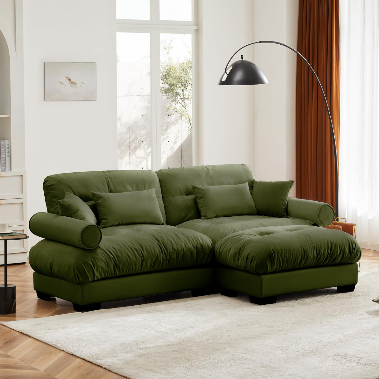 94" Modular Sectional Sofa,Velvet Upholstered Couches for Living Room,3 Seater Green Sofa Couch with Movable Ottoman,Big Comfy Loveseat Sofa with Deep Seats for Living Room,Apartment,Bedroom Wunlerlant
