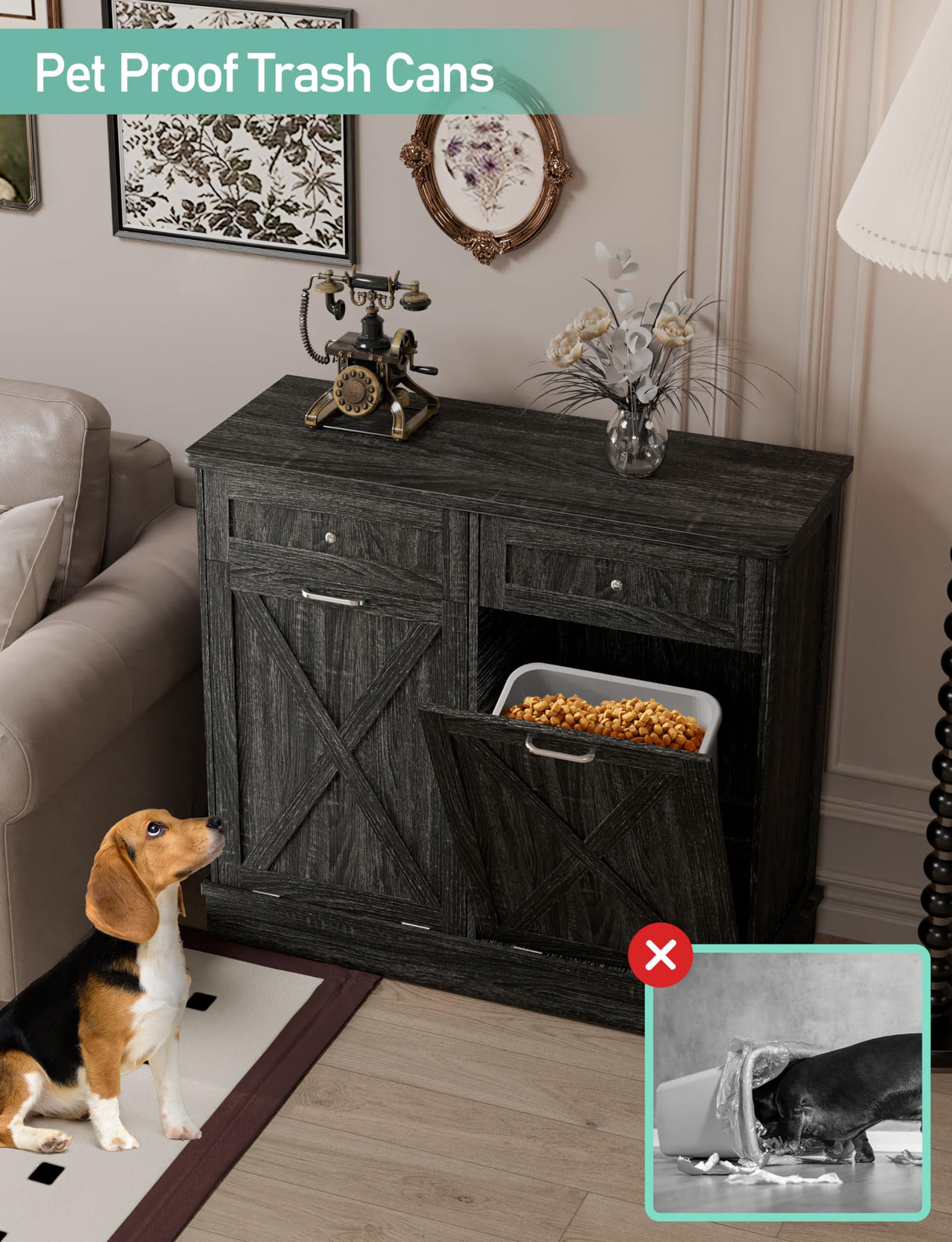 TOLEAD Double Tilt Out Trash Cabinet Free Standing 10 Gallon Wooden Dual Trash Can Cabinet with Barn Door for Farmhouse Kitchen,Living Room, Dining Room, Oak Grey TOLEAD