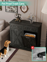 TOLEAD Double Tilt Out Trash Cabinet Free Standing 10 Gallon Wooden Dual Trash Can Cabinet with Barn Door for Farmhouse Kitchen,Living Room, Dining Room, Oak Grey TOLEAD