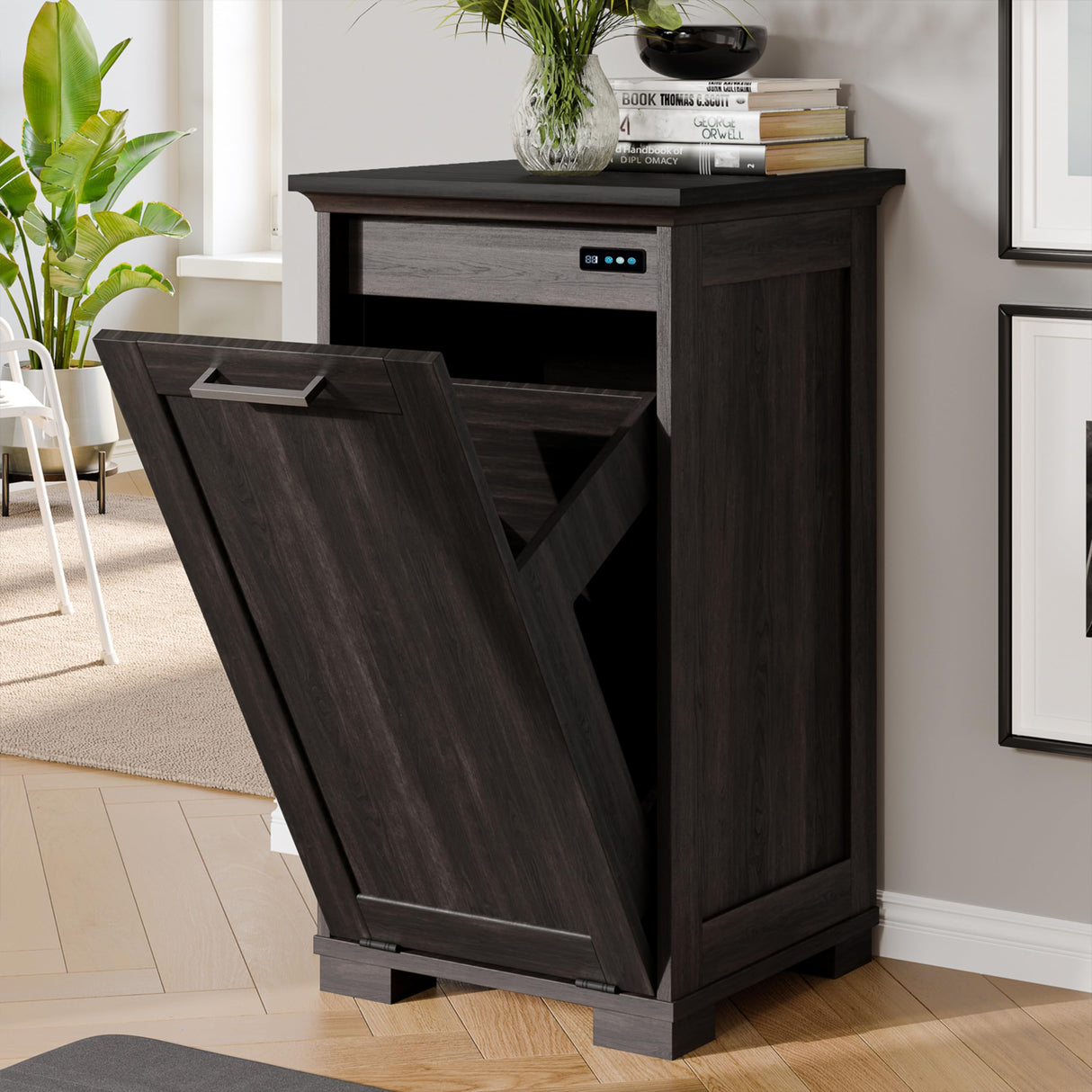 UpWiew Tilt Out Trash Cabinet Wooden, Single Door 10 Gallons, Espresso Finish+Black Top Panel UpWiew