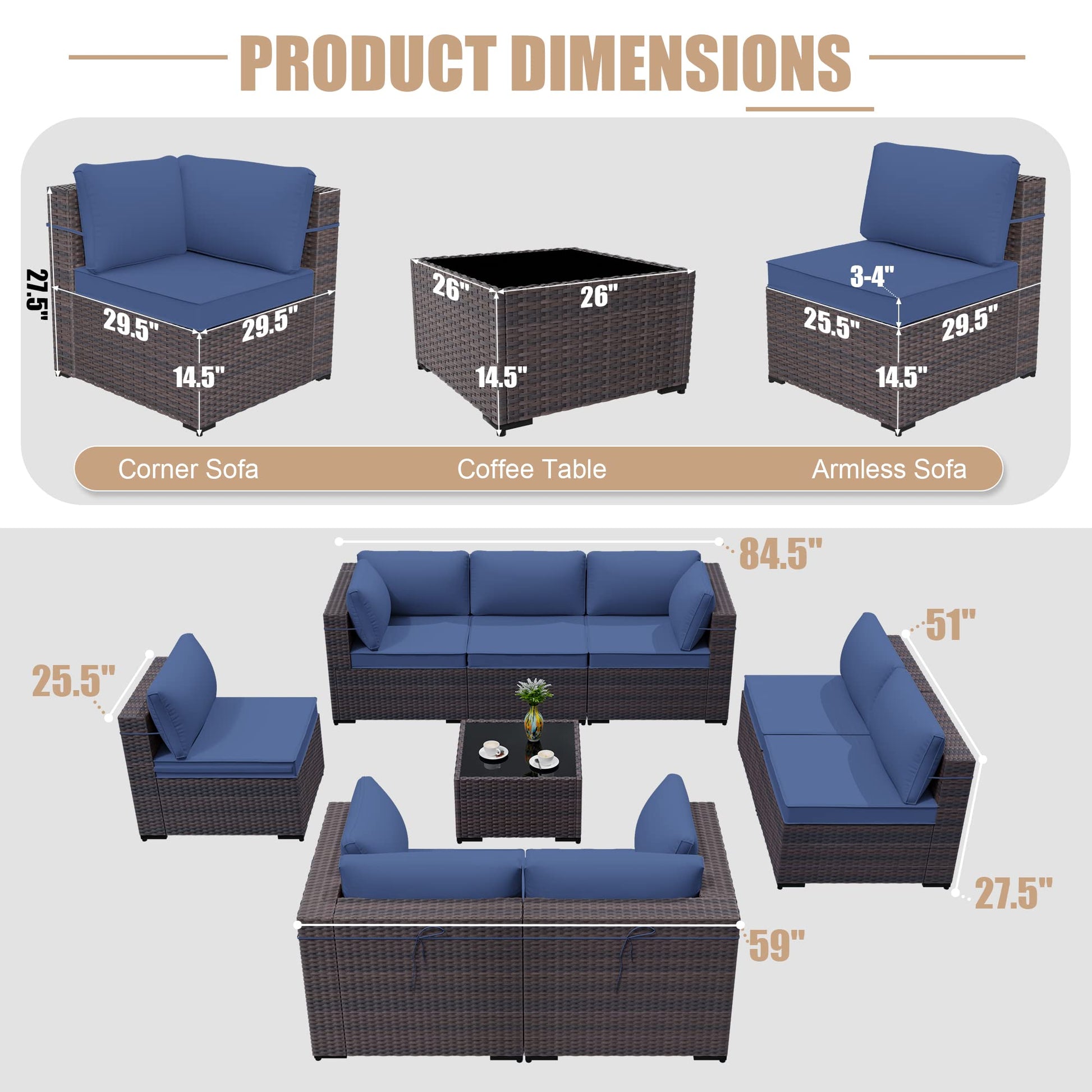 ALAULM 9 Pieces Outdoor Patio Furniture Set Sectional Sofa Sets Brown PE Rattan Patio Conversation Set w/8 Dark Blue Seat Cushions and 1 Coffee Table - WoodArtSupply