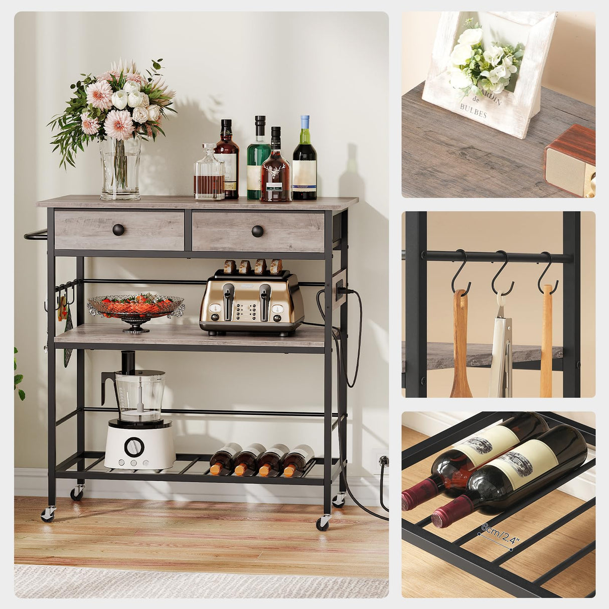 HOOBRO Kitchen Island with Storage, Rolling Island Cart for Kitchen with 2 Drawers & Outlet, 3 Tier Coffee Station and Microwave Stand, Kitchen Island Table for Home, Greige and Black BG08UZD01 HOOBRO