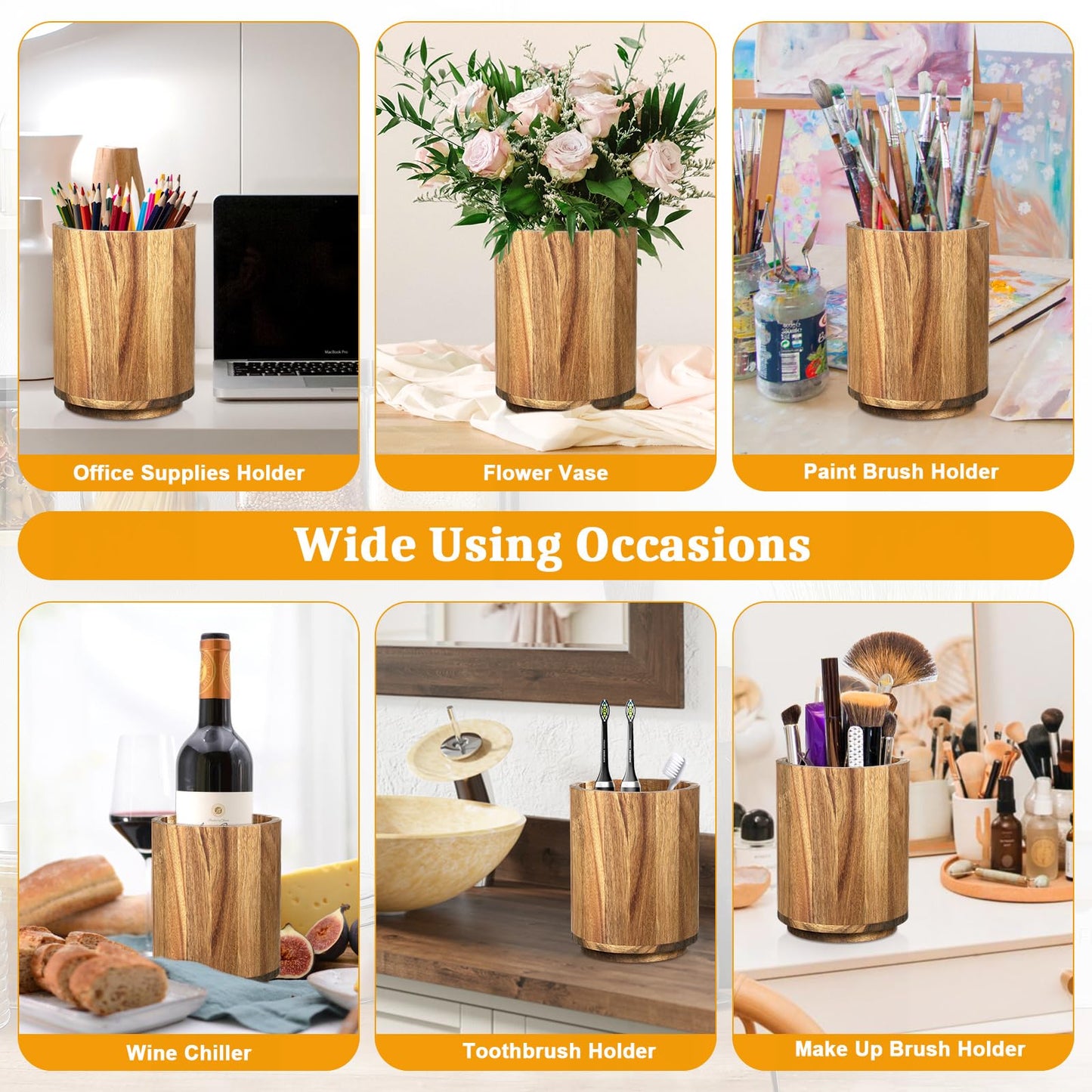 Wooden Utensil Holder for Kitchen Counter - 360° Rotating Acacia Cooking Utensil Holder ＆ Large 7.2"x 6" Round Utensils Holder Organizer with Wood Spoon Holder for Countertop Farmhouse Kitchen Decor