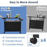 Xilingol Outdoor Bar Table, Wicker Bar Cart with Cabinet, Patio Serving Cart with Tempered Glass Top, Lockable Wheels, Rounded Handle & Side Basket for Garden, Poolside & Backyard, Black Xilingol