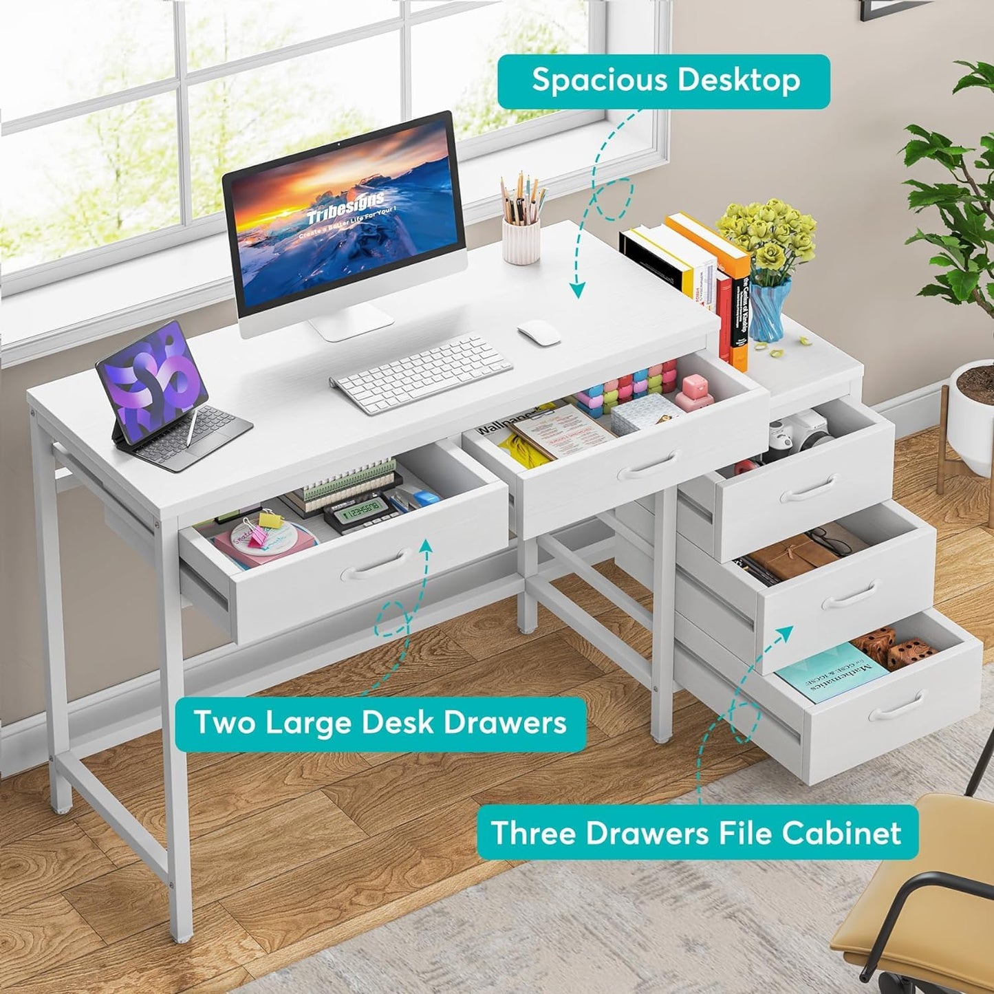 Tribesigns Computer Desk with 5 Drawers, Home Office Desks with Reversible Drawer Cabinet Printer Stand, Industrial PC Desk with Storage, White Study Writing Table Workstation for Small Space - WoodArtSupply