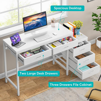 Tribesigns Computer Desk with 5 Drawers, Home Office Desks with Reversible Drawer Cabinet Printer Stand, Industrial PC Desk with Storage, White Study Writing Table Workstation for Small Space - WoodArtSupply