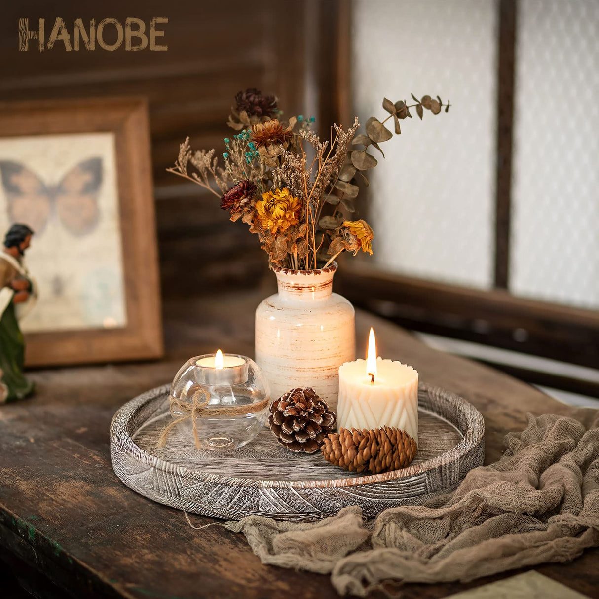 Hanobe Round Wood Candle Tray: Rustic Wooden Candle Holder Whitewash Pillar Stand Farmhouse Tea Light Plate Base for Living Room Coffee Table Centerpiece for Kitchen Counter Bathroom Home Decor,11.8" Hanobe