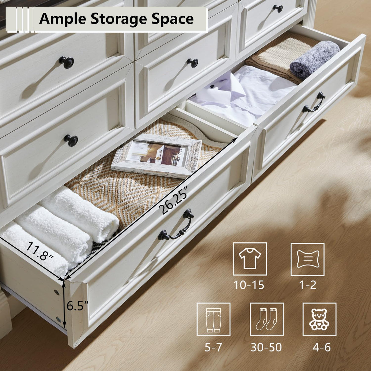 Aitjunz Farmhouse 8 Drawers Dresser for Bedroom, 61" Wide Wood Rustic Chest with Roman Column, Large Storage Dressers Organizer with Two Different Drawer Sizes for Bedroom, Living Room, Hallway, White Aitjunz