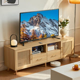 JanflyHome TV Stand for 70 Inch TV-Modern Rattan Media Console with Power Outlet, Entertainment Center with LED Light, Rattan TV Console Furniture for Living Room, Wood JanflyHome
