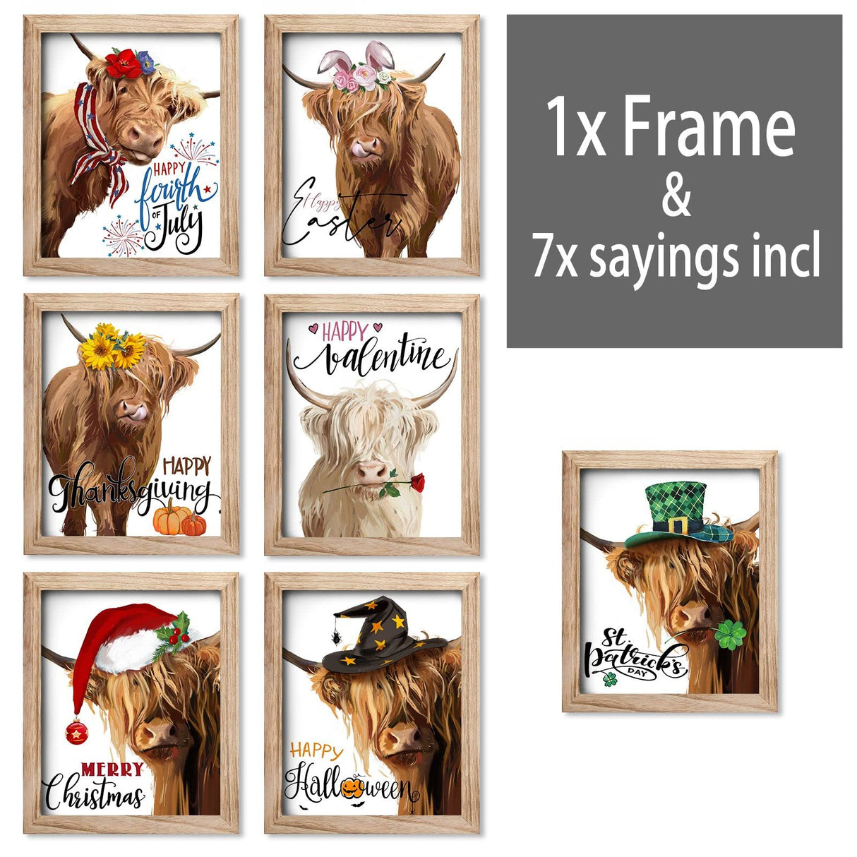 YPY Highland Cow Farmhouse Wall Decor Signs Xmas Cow Canvas Art with 7 Interchangeable Holiday Sayings, Rustic Wood Picture Frame Indoor Christmas Decorations for Home 10x12 YPY
