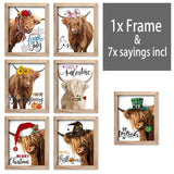 YPY Highland Cow Farmhouse Wall Decor Signs Xmas Cow Canvas Art with 7 Interchangeable Holiday Sayings, Rustic Wood Picture Frame Indoor Christmas Decorations for Home 10x12 YPY