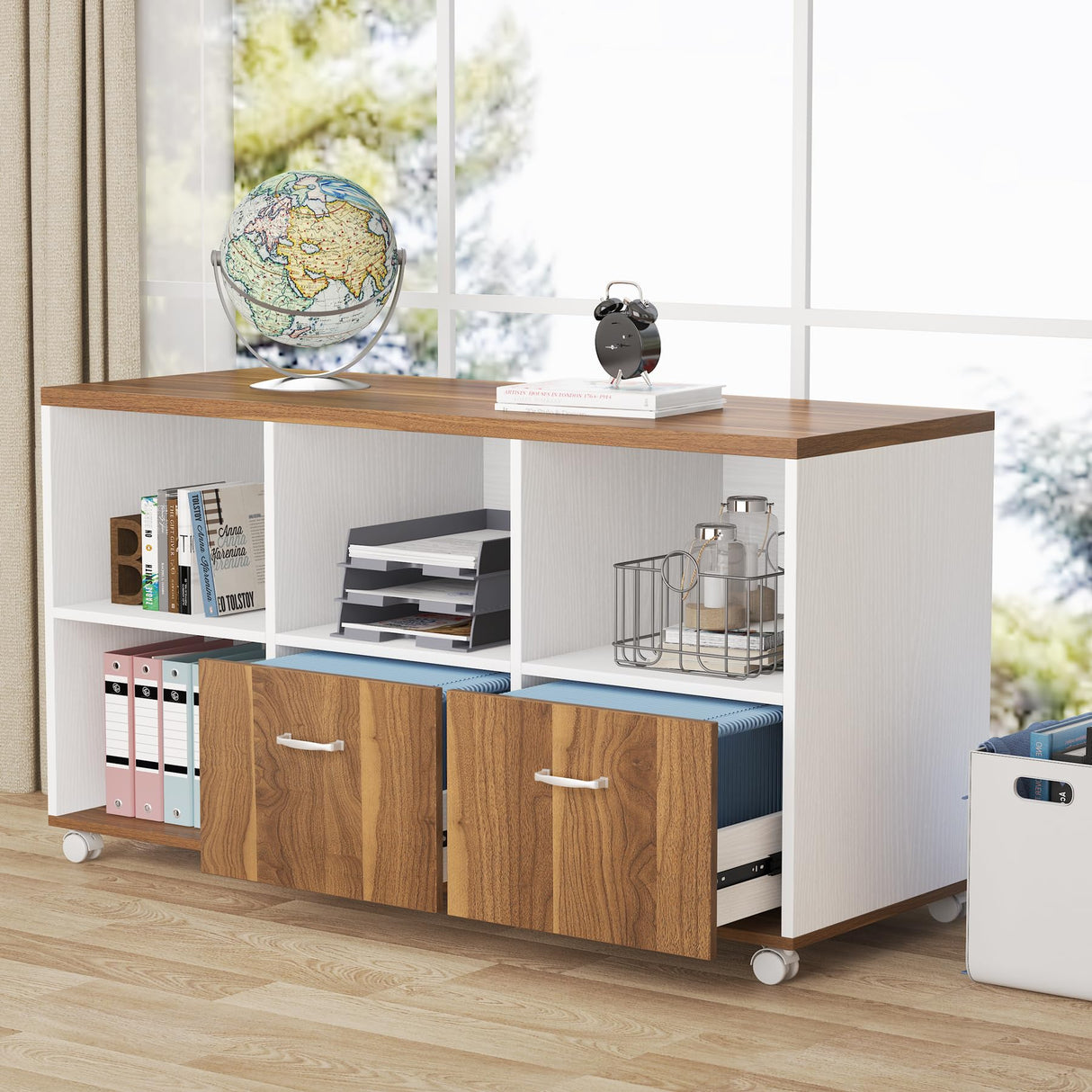 Tribesigns 63-Inch Executive Computer Desk with 47-Inch Lateral File Cabinet, Large Workstation Business Furniture, L Shaped Desk with Drawers and Storage Shelves for Home Office, Walnut & White Tribesigns