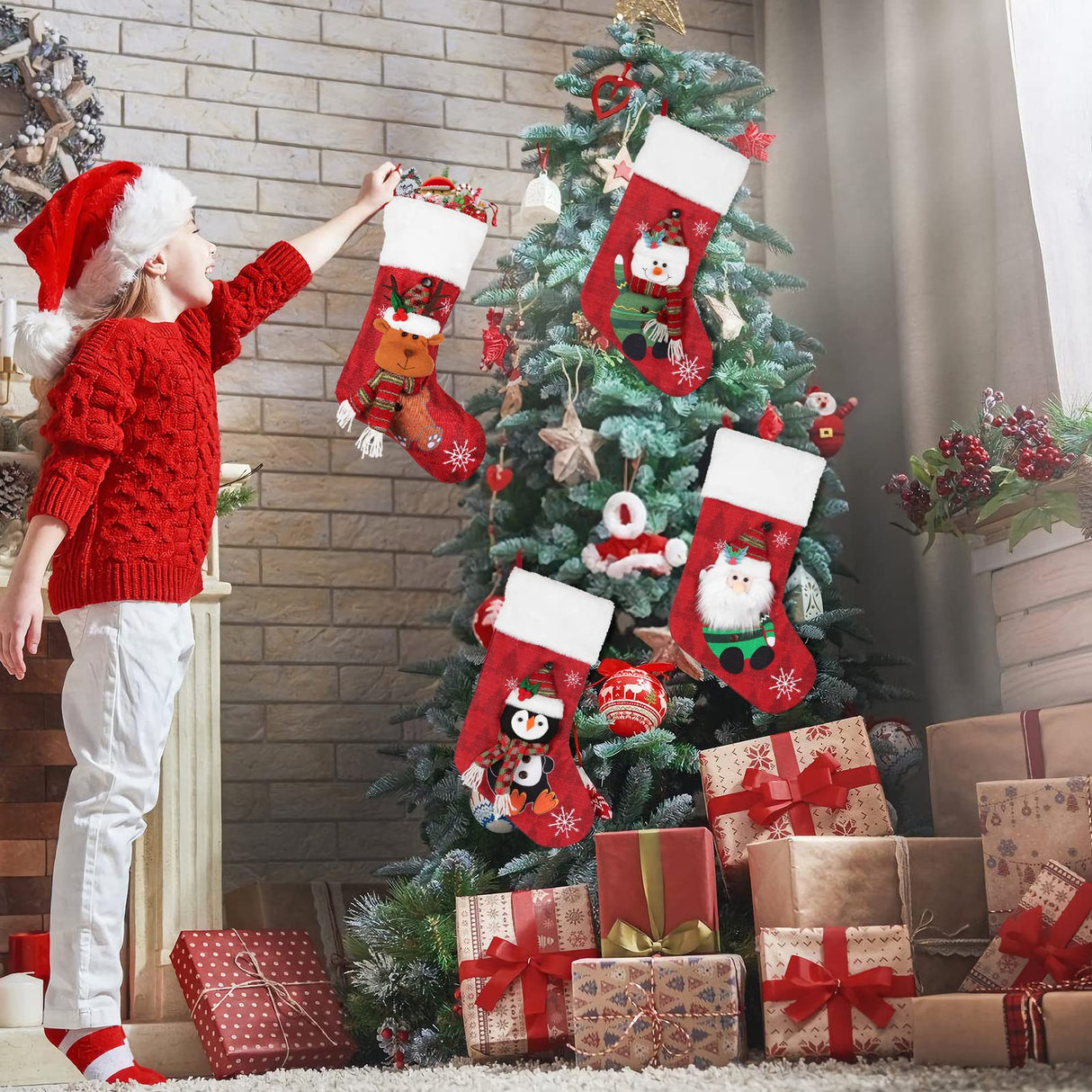 COOLWUFAN Christmas Stockings 4 Pack, 19'' Xmas Stockings with Snowflake Santa Snowman Reindeer Penguin and Plush Faux Fur Cuff Stockings for Stairs Fireplace Hanging Xmas Home Decor COOLWUFAN