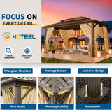 HOTEEL 10x12 Hardtop Gazebo with Heavy Duty Galvanized Steel Double Roof, Aluminum Frame, Flame-Resistant Curtains and Netting, Outdoor Gazebo Permanent Gazebo for Backyard, Brown (Upgraded 2.0) Hoteel