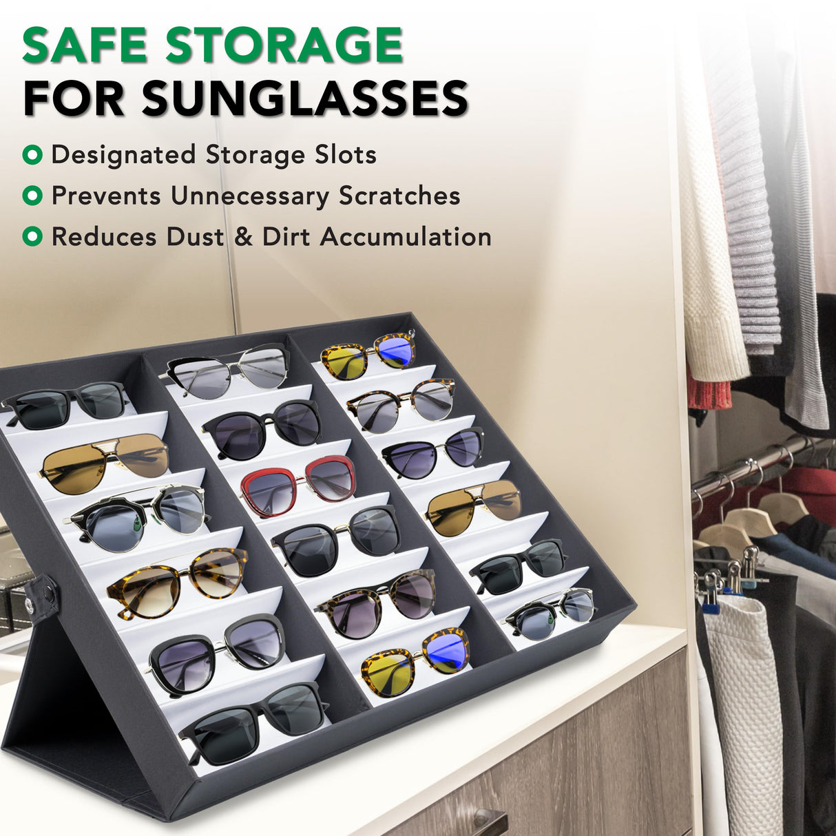 ProSource 18 Slot Sunglasses Organizer Box Stand Display Case/Tray, Fabric Lined & Snap Close ProSource