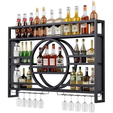 3-Tiers 39in Wine Rack Wall Mounted, Floating Bar Shelves with Wine Glass Holder Hanging Industrial Liquor Shelf, Wall-Mounted Wine Racks Cabinets for Home Bar No Assembly Required Boshen