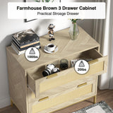 Anmytek 3 Drawer Dresser for Bedroom with Natural Rattan,Closet Dressers Chest of Drawers for Bedroom,Farmhouse Wood Large Nightstand with Storage Versatile Bedside Table for Bedroom Anmytek
