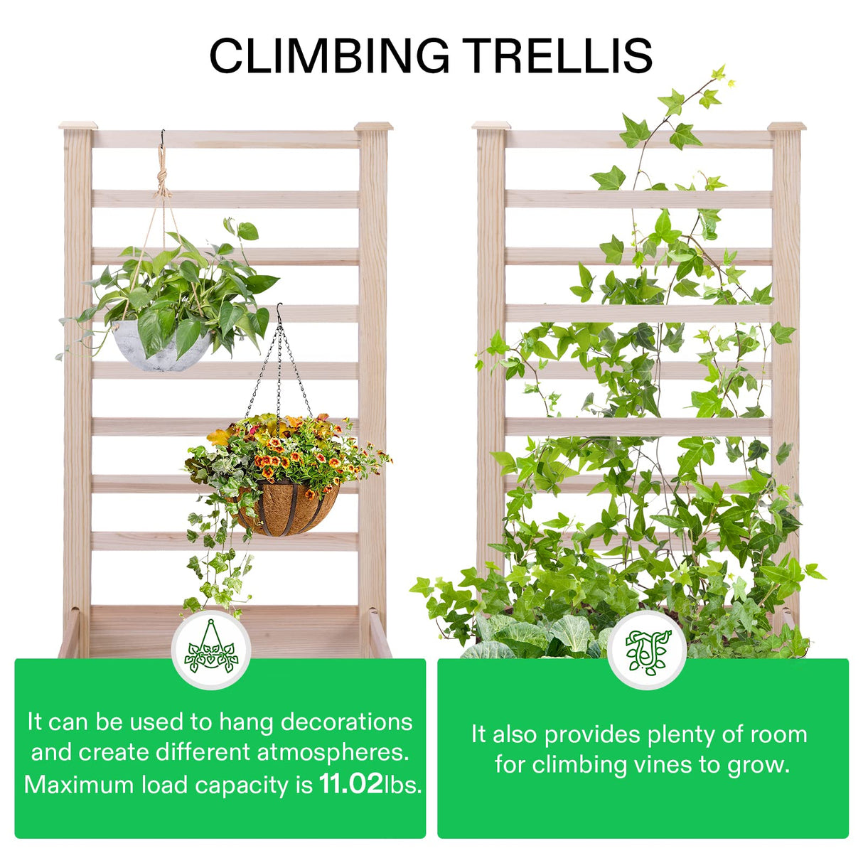 VIVOSUN Wooden Raised Garden Bed, 48 x 24 x 30 Inches, Outdoor Wood Planter Box with Gloves and a Liner, with Trellis for Vine Climbing for Garden, Patio, Balcony, Backyard and Outdoors VIVOSUN
