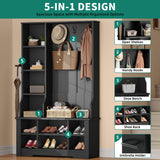 YITAHOME 39" Farmhouse Hall Tree with Entryway Bench, Wood Coat Rack with Storage Shelves, 5 Coat Hooks, 6 Shoe Cubbies w/Adjustable Shelves, Rustic Hall Tree for Entryway Hallway Foyer Narrow, Black YITAHOME