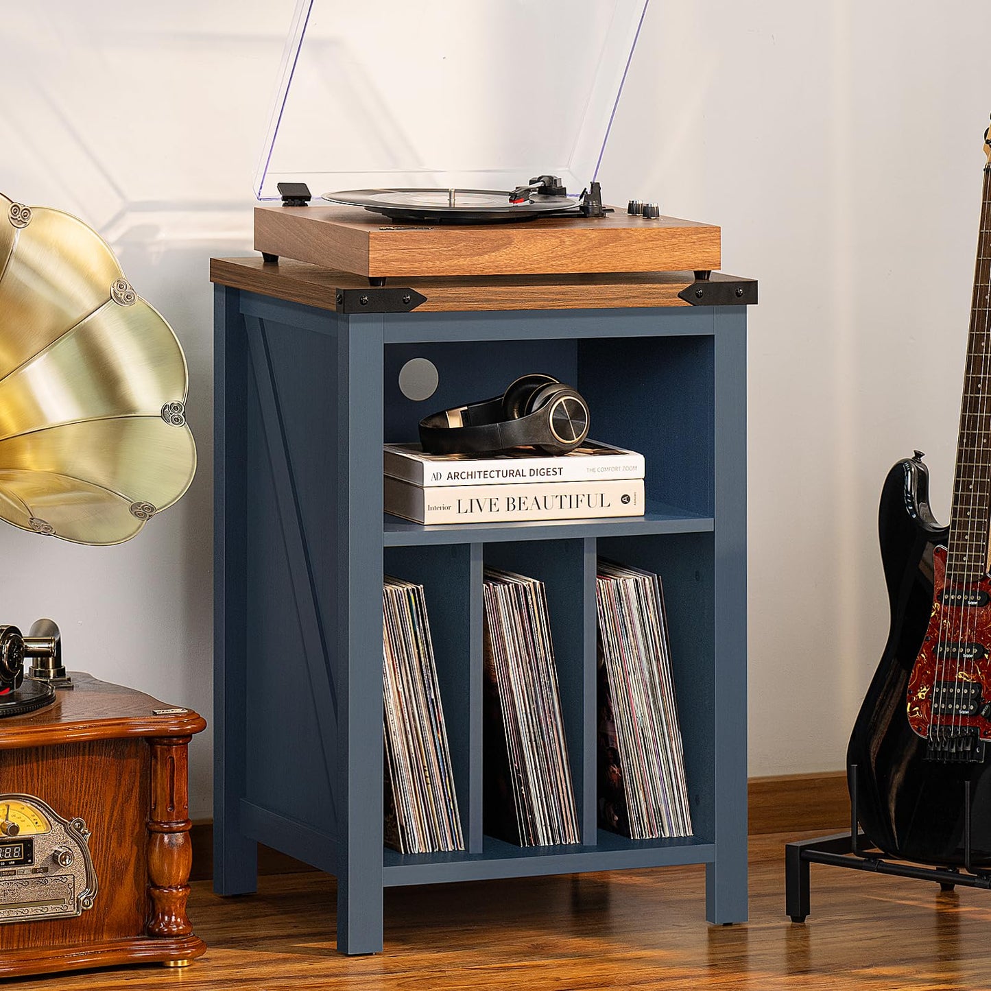 Joaxswe Record Player Stand with Vinyl Record Storage,Navy Blue Record Player Table Holds up to 160 Albums,Large Wood Turntable Stand Cabinet Dispaly Shelf for Living Room,Bedroom,Office - WoodArtSupply