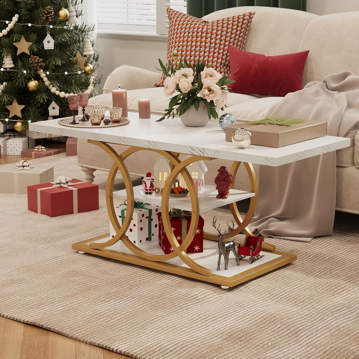 GiftGo Rustic Coffee Table with Storage Modern 3 Tier Center Living Room Table Faux Marble Wooden Rectangle Cocktail Tea Table for Office Bedroom Elegant Full Moon Design (White Gold, L-47) GiftGo