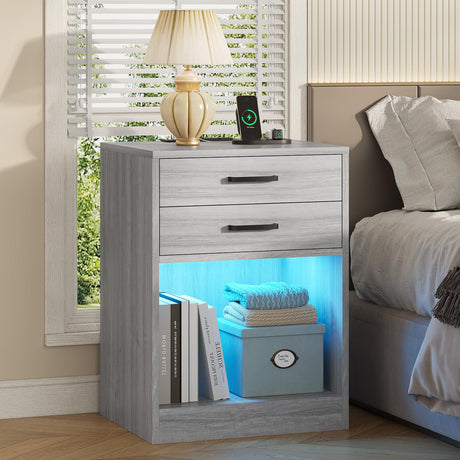 ADORNEVE LED Nightstands Set of 2,Night Stands for Bedrooms Set of 2,Nightstand with Charging Station and LED Lights,Bedside Table with Drawers & USB Ports (Grey) ADORNEVE