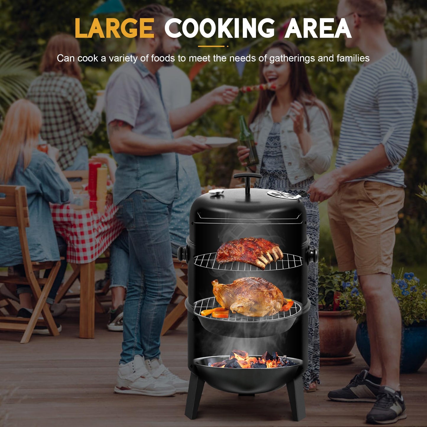 BIG HORN OUTDOORS 16 inch Charcoal Smoker, Vertical BBQ Grill, Heavy Duty 4 In 1 Fire Pit with Built-in Thermometer & Adjustable Vent System for Backyard Patio Camping