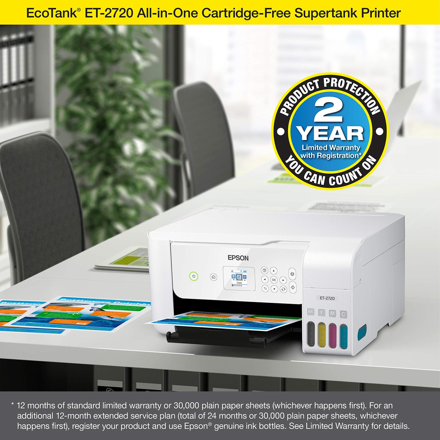 Epson EcoTank ET-2720 Wireless Color All-in-One Supertank Printer with Scanner and Copier - White