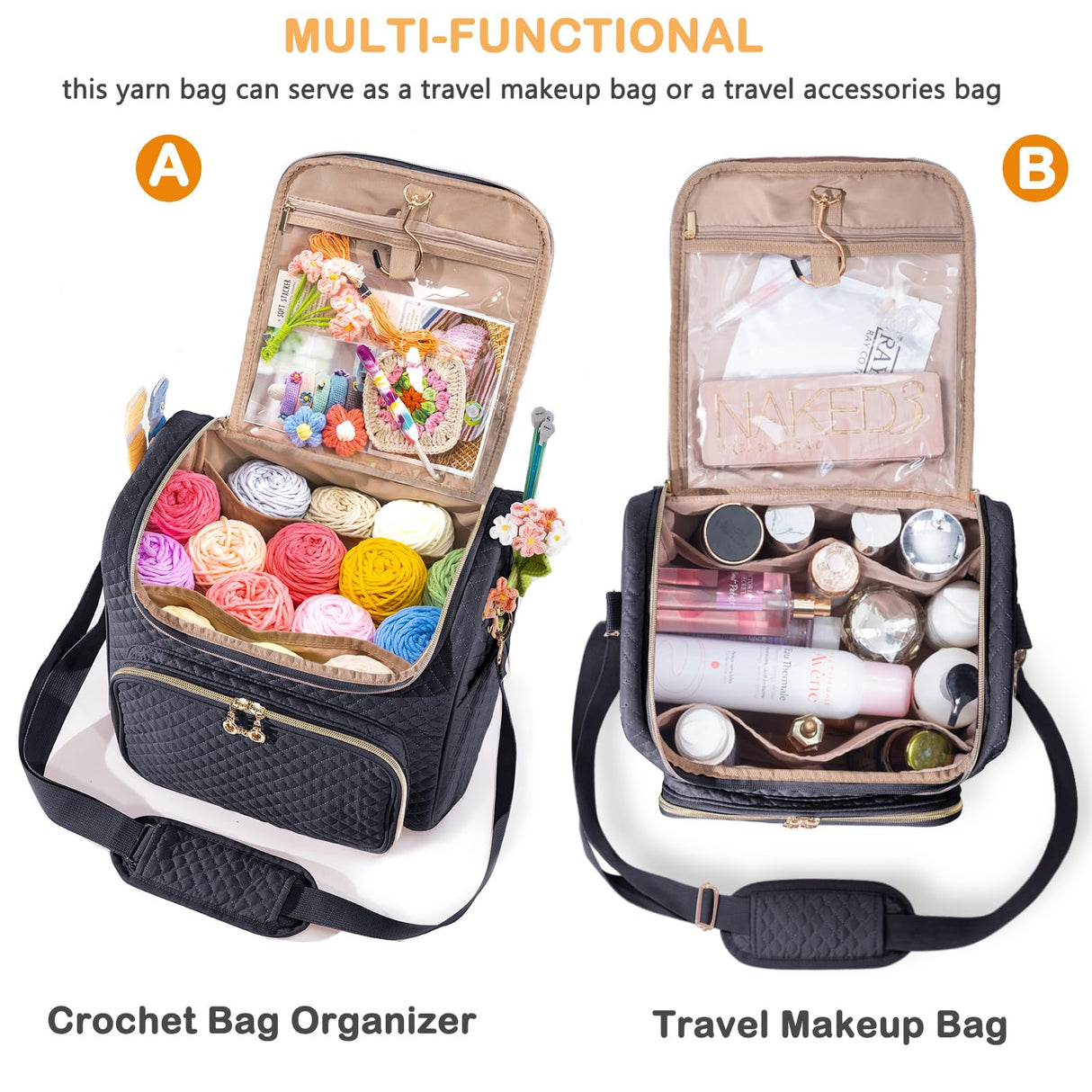 MYBAGZING Crochet Bag Organizer - Quilted Storage Bag with Hanging Hook, Knitting & Yarn Tote for Crochet Accessories, Mother's Day Gift MYBAGZING