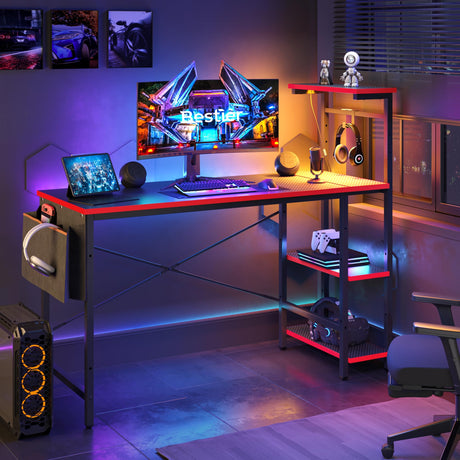Bestier Gaming Desk with LED Lights, 51.3 Inch Computer Desk with 4 Tiers Reversible Shelves, Gamer Desk with Side Storage Bag, Hooks and Height Adjustable Shelf (Black Carbon Fiber) Bestier