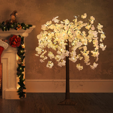 OUSHENG Lighted Cherry Blossom Tree LED Artificial Trees for Decoration Inside, Light up Fake Plant with Faux Flower for Home Wedding Party Festival Christmas Indoor Decor, Warm White, 4FT OUSHENG
