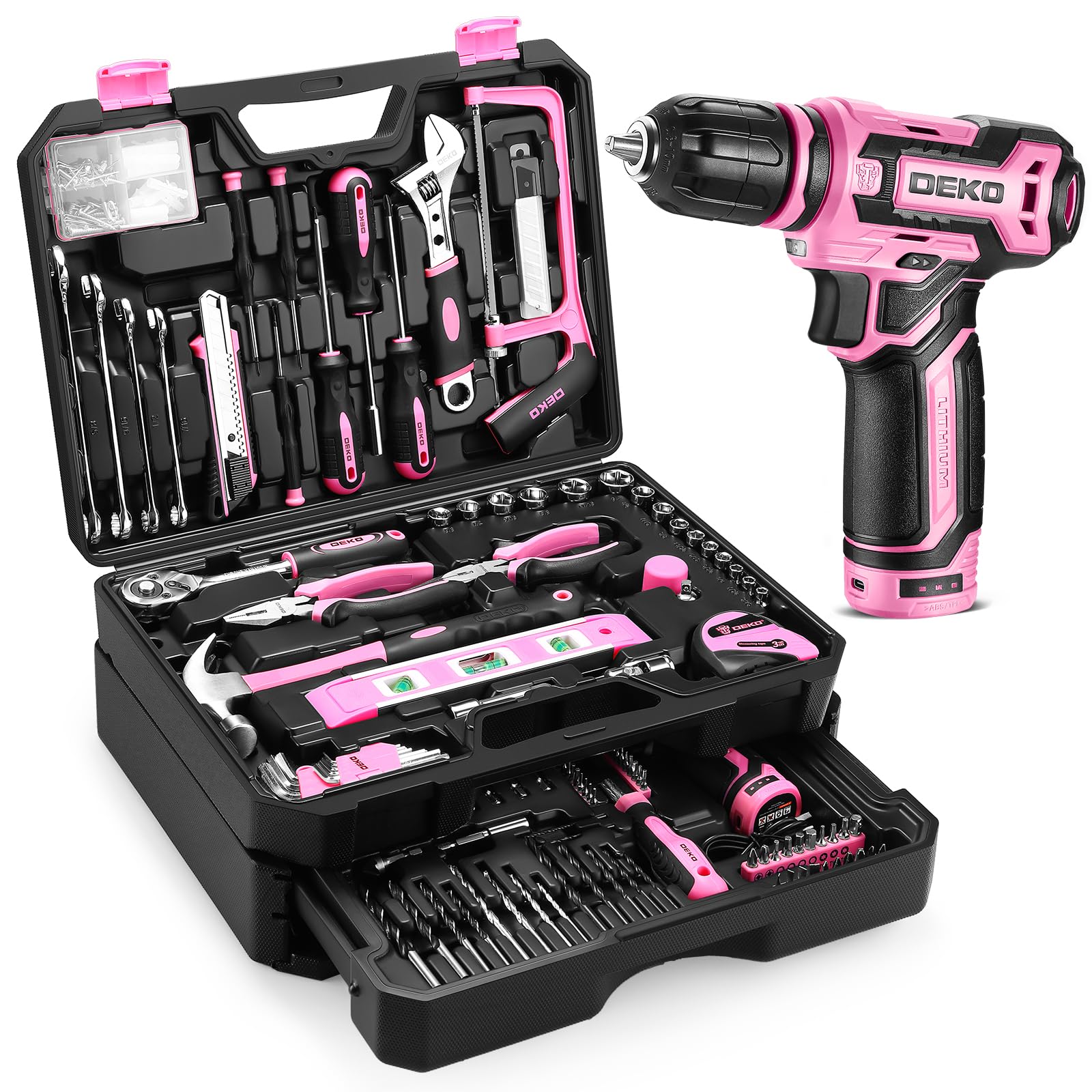 Pink Tool Kit Box Drill Set：DEKOPRO Home Mechanic Toolbox with 12V Power Cordless Drill Hand Repair Tools Sets Combo Kits Storage Organizer Drawer Case for Women - WoodArtSupply