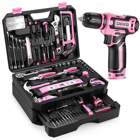 Pink Tool Kit Box Drill Set：DEKOPRO Home Mechanic Toolbox with 12V Power Cordless Drill Hand Repair Tools Sets Combo Kits Storage Organizer Drawer Case for Women DEKOPRO