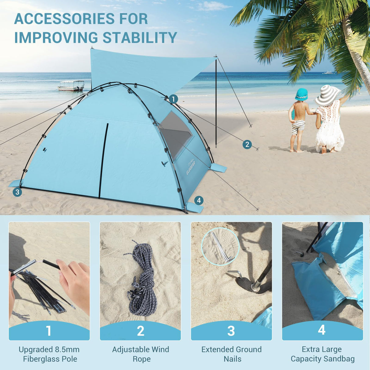 Elegear Beach Tent Sun Shelter with Canopy, 4-5 Person Pop Up Beach Tent, Easy Setup UPF 50+ UV Protection Portable Lightweight Double Silver Coating Beach Cabana Sun Shade Shelter - Sky Blue Elegear