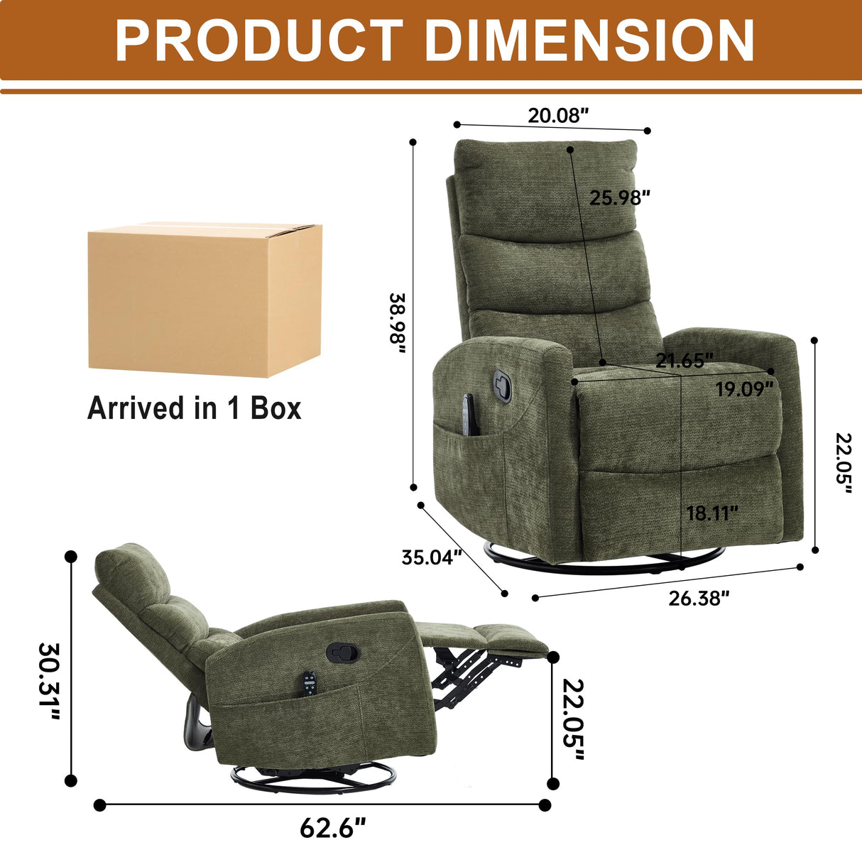 Manual Swivel Rocker Recliner Chair with Vibration Massage, Overstuffed Glider Chair with Lumbar Heat for Nursery, Living Room Reclining Sofa Chair, Chenille Fabric Green Luxlen