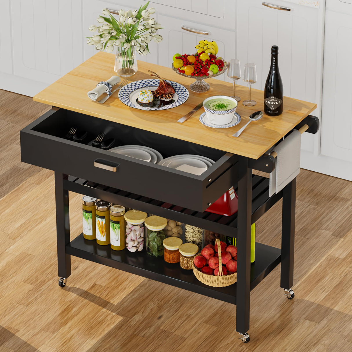 HiDSLiving Kitchen Island 42" Rolling Kitchen Island Cart On Wheels with Drawer Towl Rack 3 Tiers Rolling Utility Cart with Solid Wood Top Serving Trolley for Dining Room Black HiDSLiving
