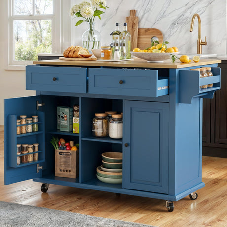FORNITUNE Rolling Kitchen Island Cart with Drop Leaf, Large Kitchen Island on Wheels with Storage and 2 Drawers, Mobile Island for Kitchen with Bamboo Countertop, Towel Rack, Spice Rack, (Navy Blue) FORNITUNE