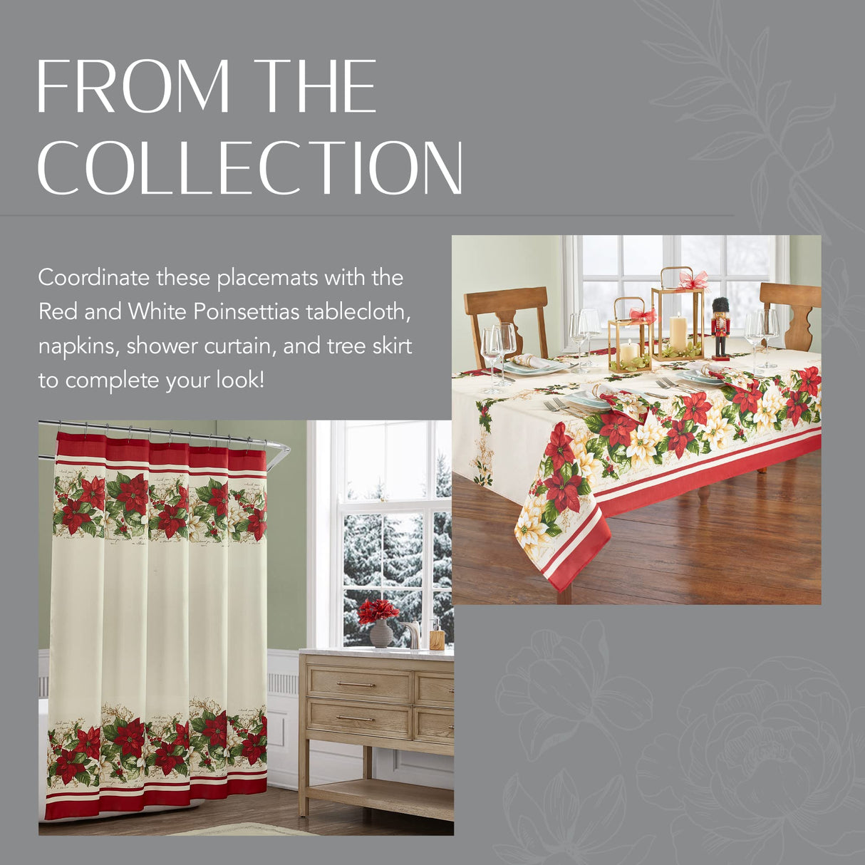 Elrene Home Fashions Red and White Poinsettia Holiday Fabric Placemats, Christmas Mats for Table Decor, 13 Inches x 19 Inches, Set of 4 Elrene