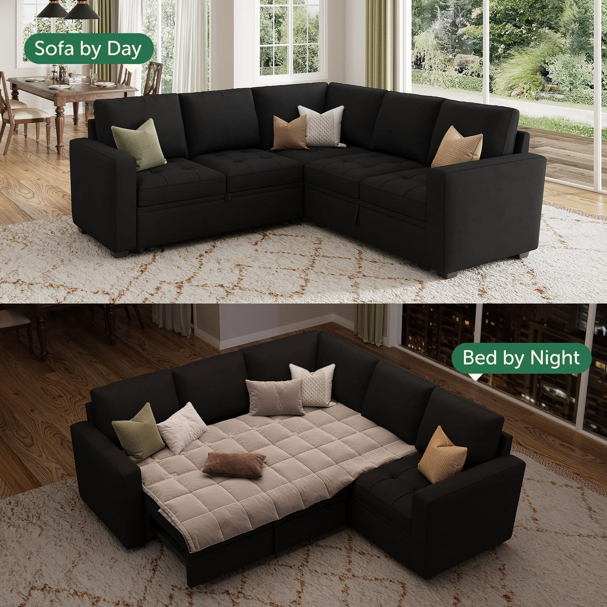 HONBAY Modular Sectional Sleeper Sofa with Pull Out Bed, Velvet Convertible L Shaped Couch with Storage Seat, Sectional Couches for Living Room, Black HONBAY