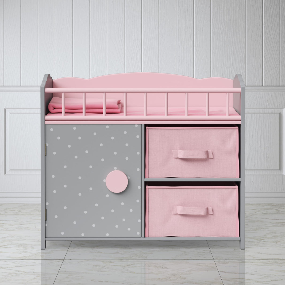Olivia's Little World Wooden Baby Doll Crib with a Cabinet and Two Cubbies for Doll Accessory Storage Underneath, Pink and Gray and White Polka Dots Olivia's Little World