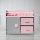 Olivia's Little World Wooden Baby Doll Crib with a Cabinet and Two Cubbies for Doll Accessory Storage Underneath, Pink and Gray and White Polka Dots Olivia's Little World