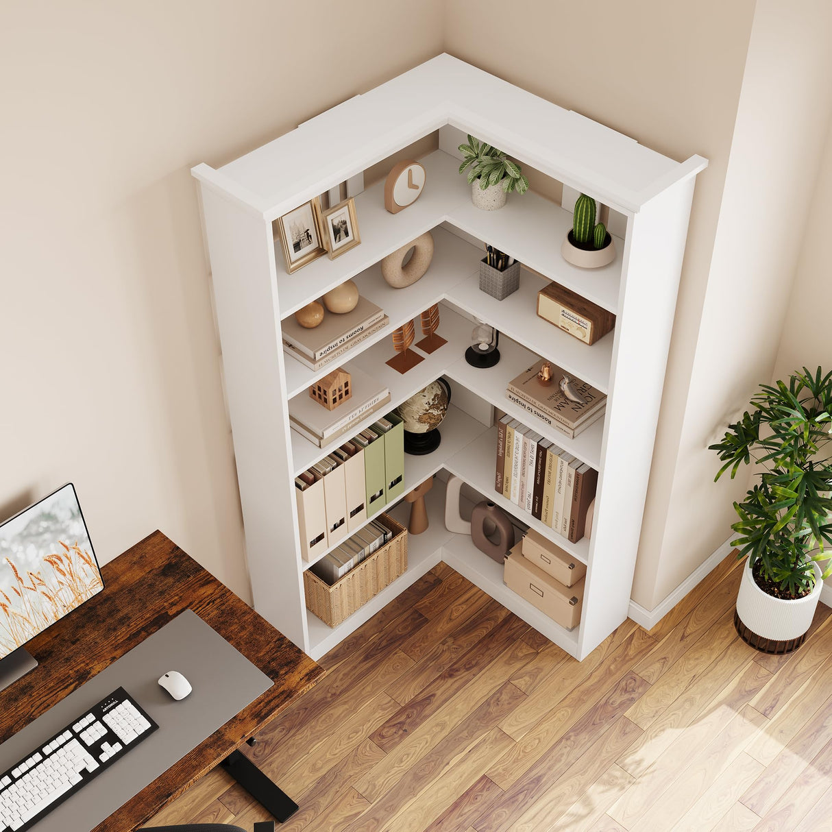 IDEALHOUSE Corner Bookshelf 72.8in Farmhouse Bookcase Large Bookshelf Wood Bookcase Tall 5 Tier Corner Shelf L Shaped Bookshelf Storage Display Rack Living Room Bedroom (White, Full Panel) IDEALHOUSE